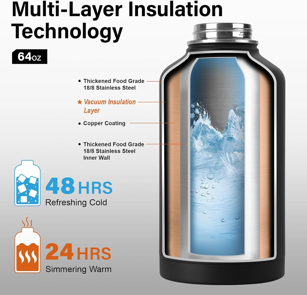 DYSANKY Insulated Water Bottle w/Straw Lid & Portable Carrier Bag, 64oz