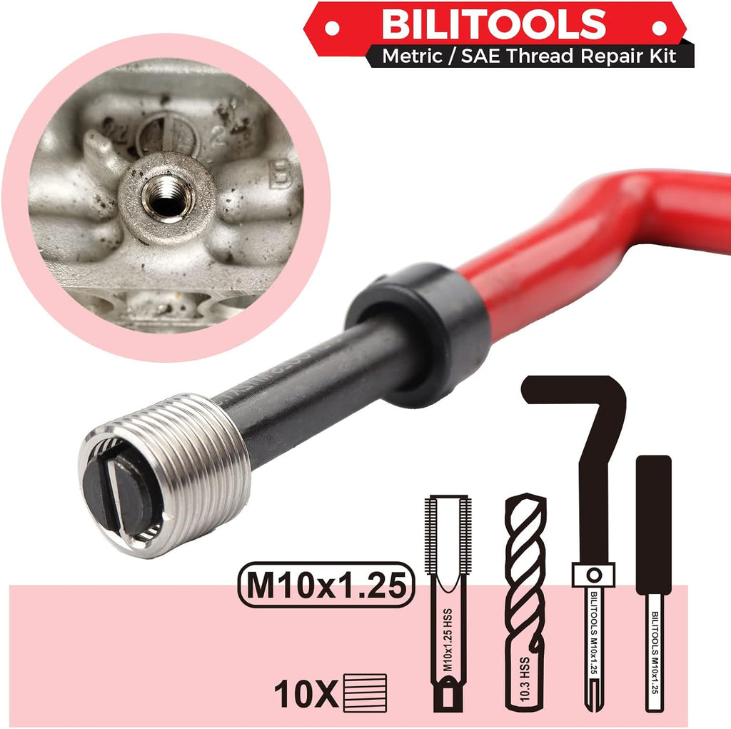 BILITOOLS M10x1.25 Thread Repair Kit, HSS Drill Helicoil Repair Kit Metric
