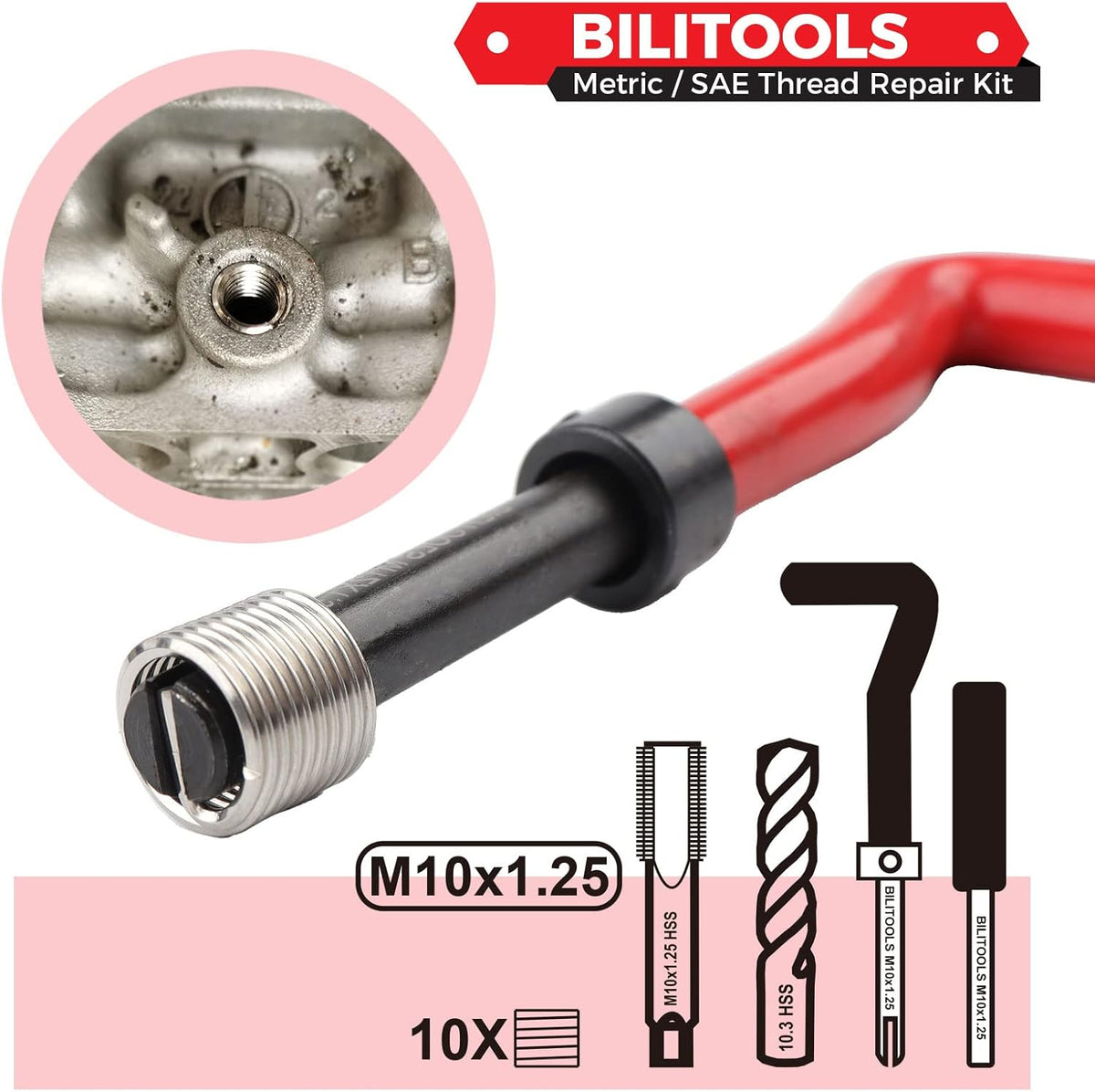 BILITOOLS M10x1.25 Thread Repair Kit, HSS Drill Helicoil Repair Kit Metric
