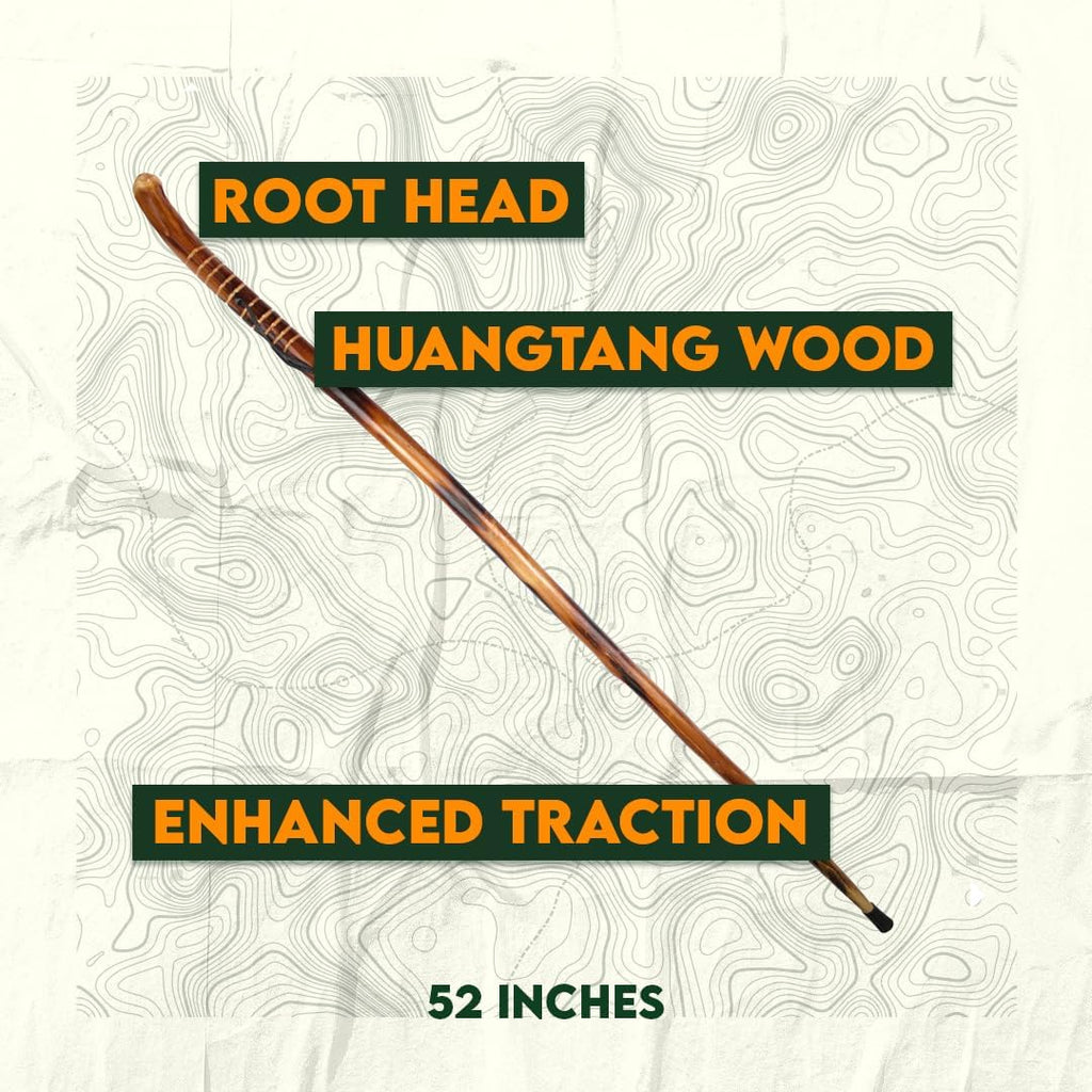 SE 60-Inch Natural Wood Walking Stick with Root Head & Steel Tip - Hand-Carved Floral Design, Huangtang Wood, Grooved Grip - WS631-60RH