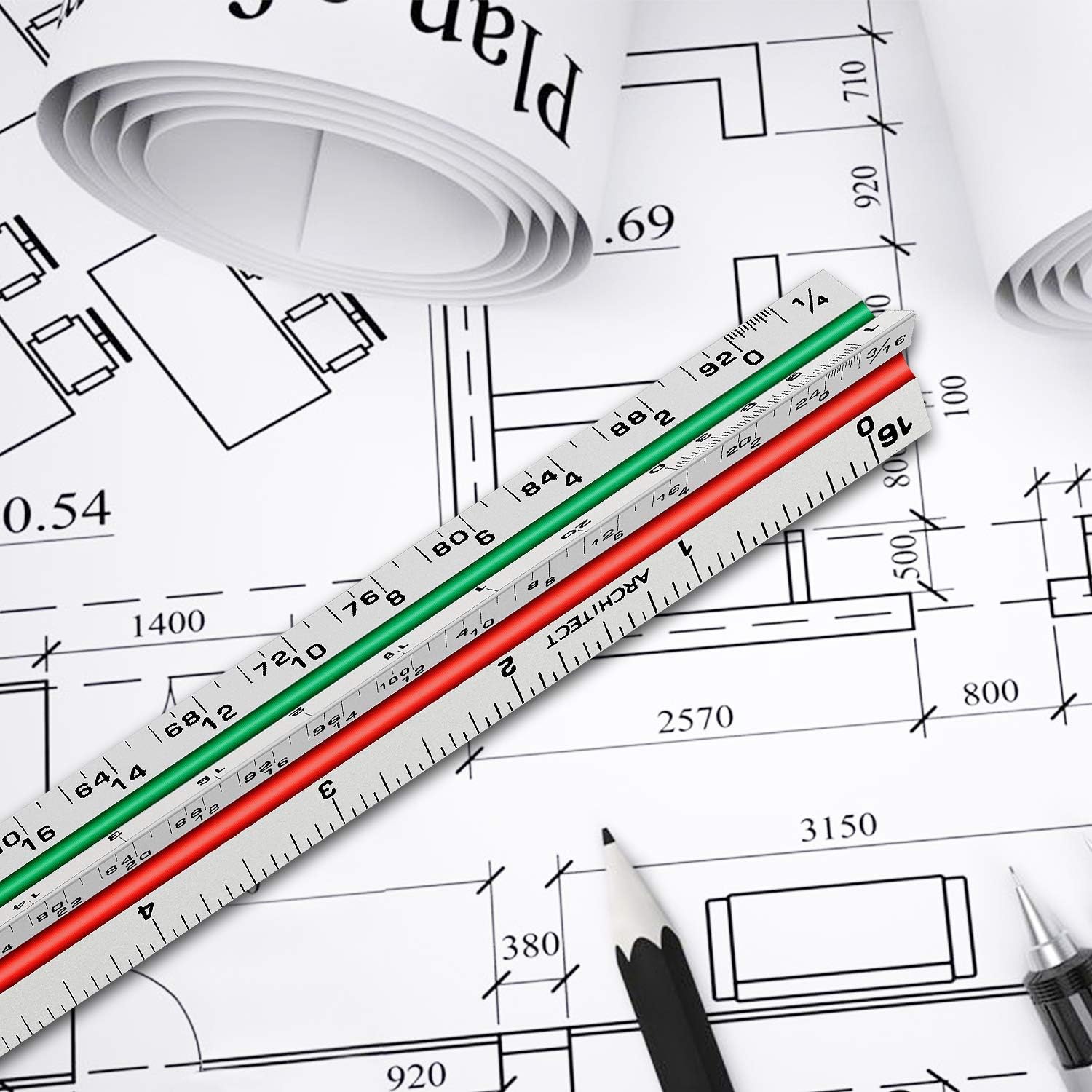 12" Architectural Scale Ruler Triangular Ruler, Color-Coded, 1 Pack