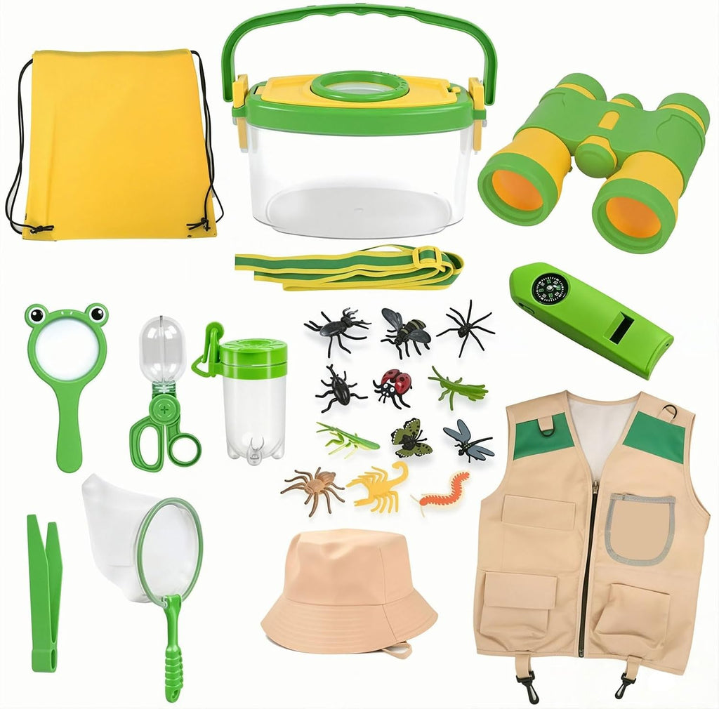 Kids Explorer Kit & Bug Catcher Kit, 23 Pcs Outdoor Adventure Set with Vest & Hat, Binoculars, 12 Insect Figures,Camping Hiking Toys Gift for Boys Girls Age 3-8