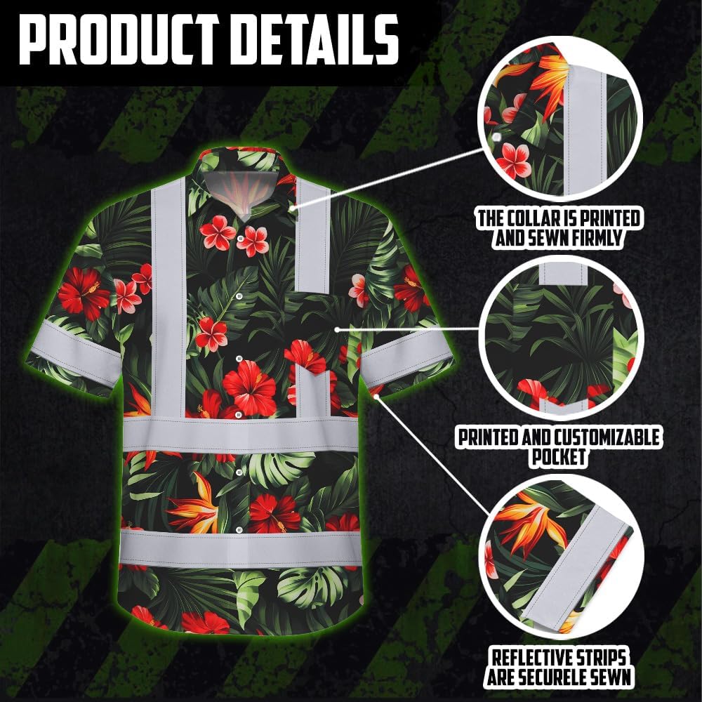 High Visibility Hawaiian Shirt for Men Tropical Shirts Custom Name Floral Outfit Reflective Safety Workwear