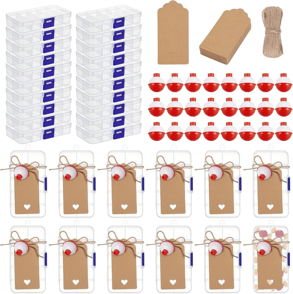 30 Set Fishing Candy Little Tackle Boxes with 30 Fishing Bobber 20M Jute Twine 30 Kraft Paper Tags for Decoration Fishing Party Favors Gone Fishing Theme Supplies (Non-Removable Partition)