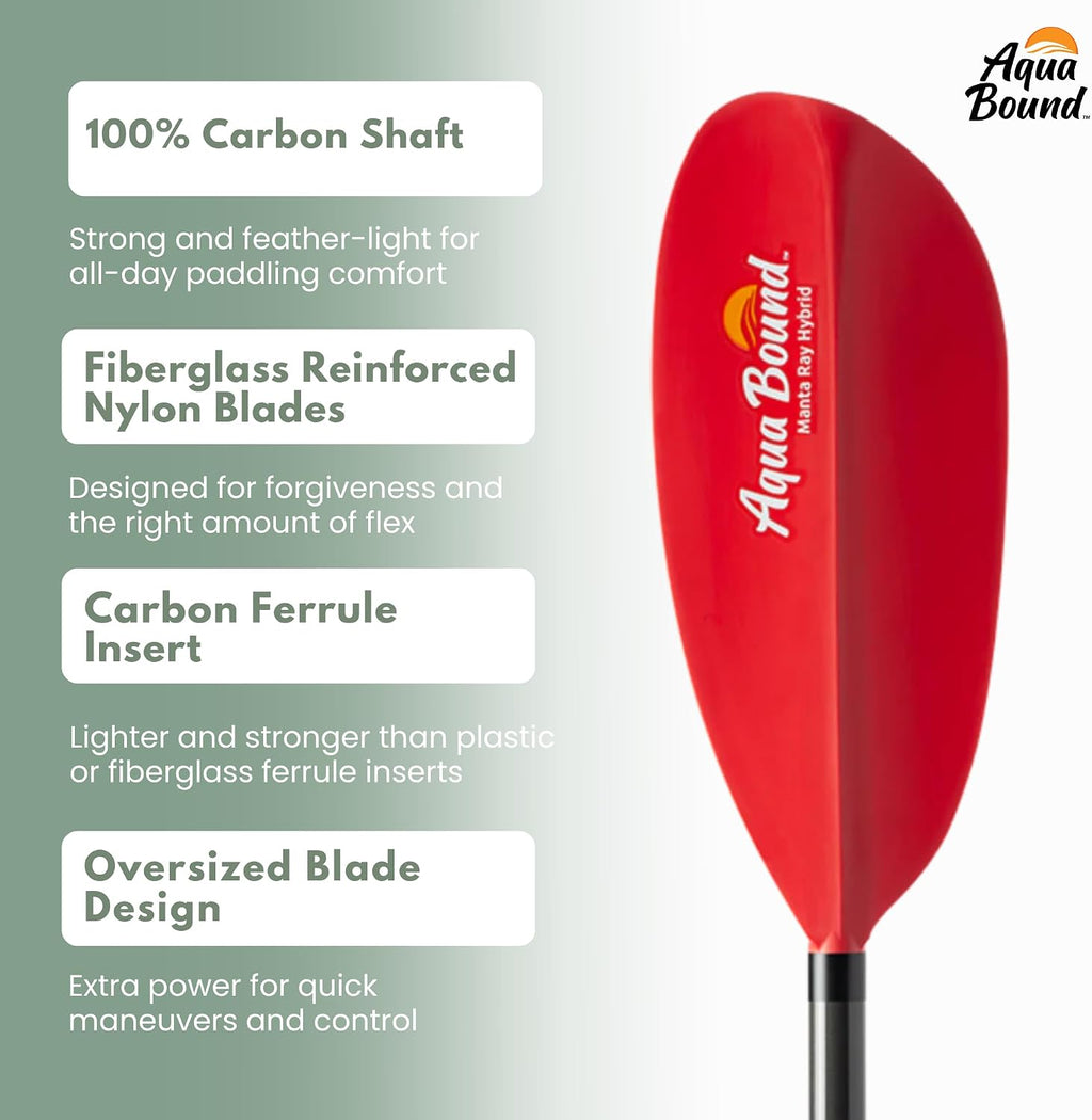 AQUA BOUND Manta Ray Hybrid 2-Piece Posi-Lok™ Kayak Paddle - Carbon Shaft, Fiberglass-Reinforced Nylon Blades with Dihedral Design, Adjustable Offset, High-Angle Performance