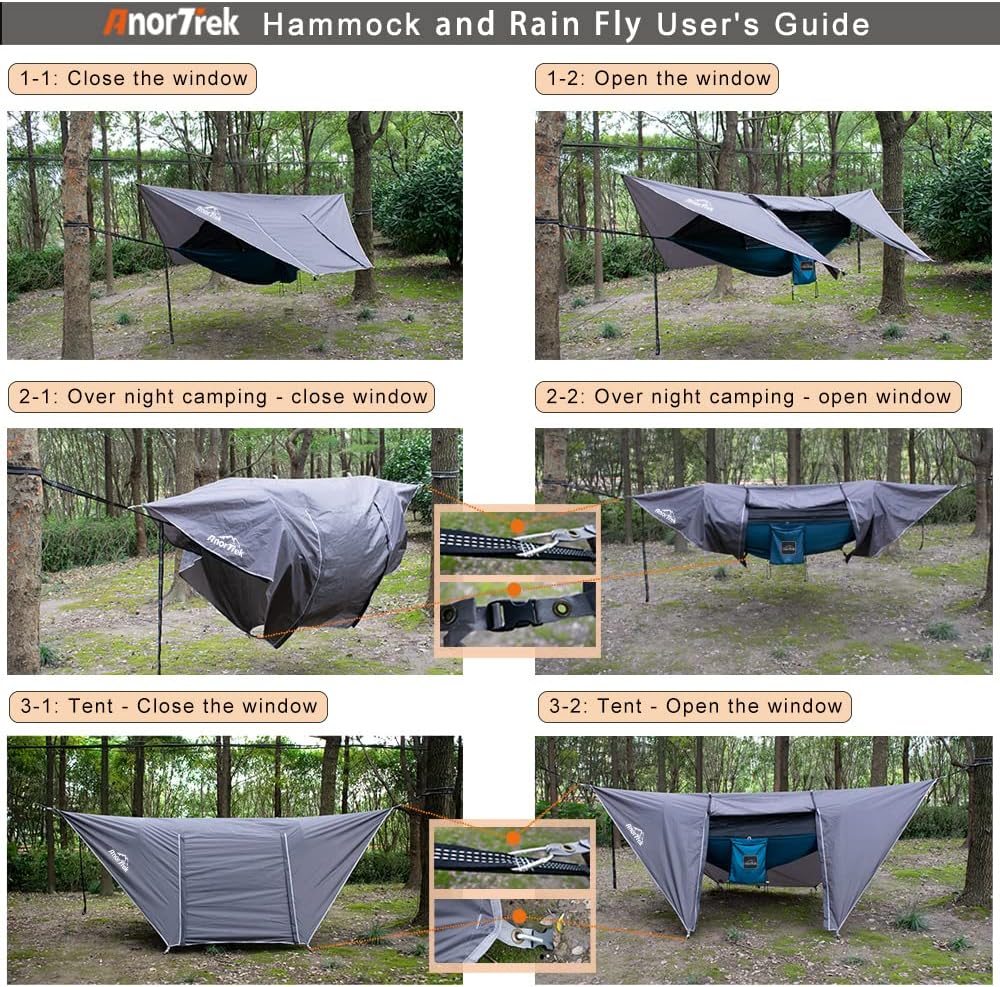 AnorTrek Camping Hammock with Mosquito Net and Rain Fly Tarp, Portable Double Hammock with Two Tree Straps, 230T Nylon Hammock and Waterproof Rain Fly Set for Hiking, Backpacking, Overnight (Green)