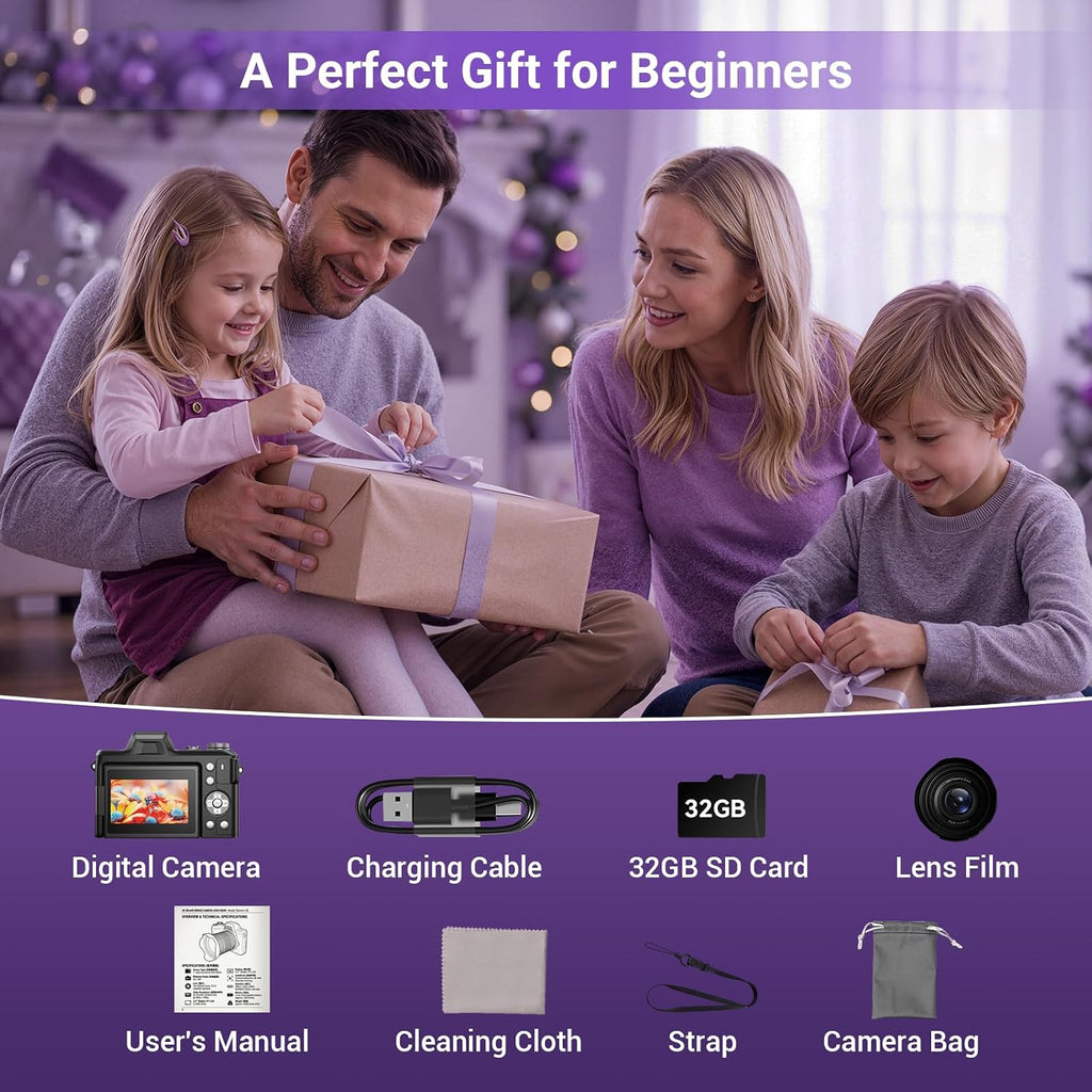 4K Digital Camera for Photography, 56MP Autofocus Vlogging Camera for YouTube Travel, 3" 180°Flip Screen & Lens Hood 16X Zoom, 32GB SD Card for Teens & Beginners