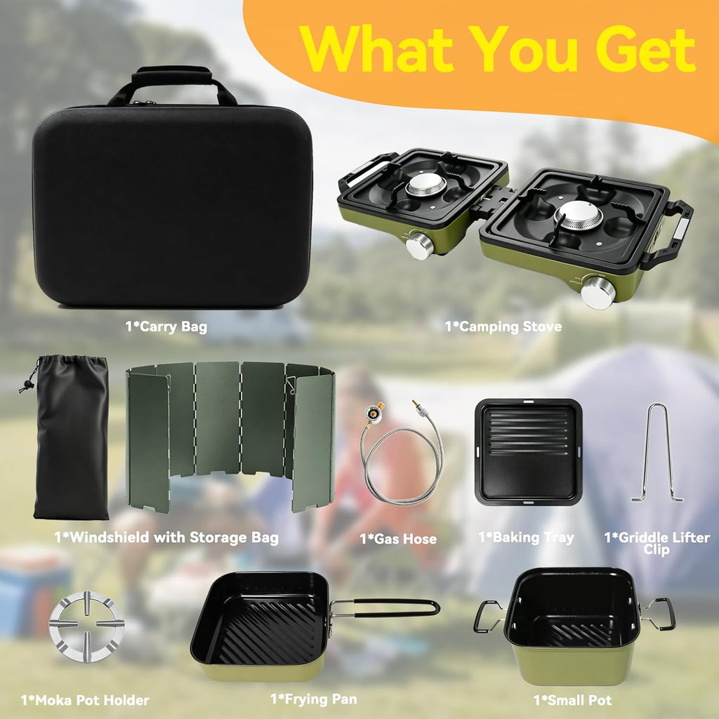 2 Burner Camping Stove with 2-In-1 Cookware Set, 24000 BTU Propane Gas Stove, Foldable Camp Stove with Frying Pan, Pot, Windshield & Carry Bag, Camping Essentials for Picnic, RV, Camp kitchen, Green