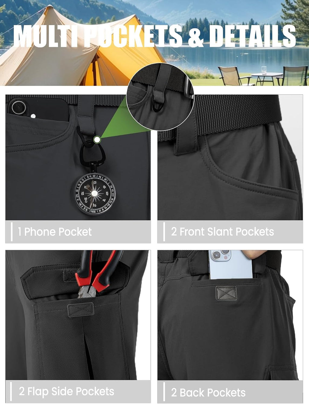 Men's Convertible Hiking Pants with 7 Pockets, Zip-Off Quick-Dry