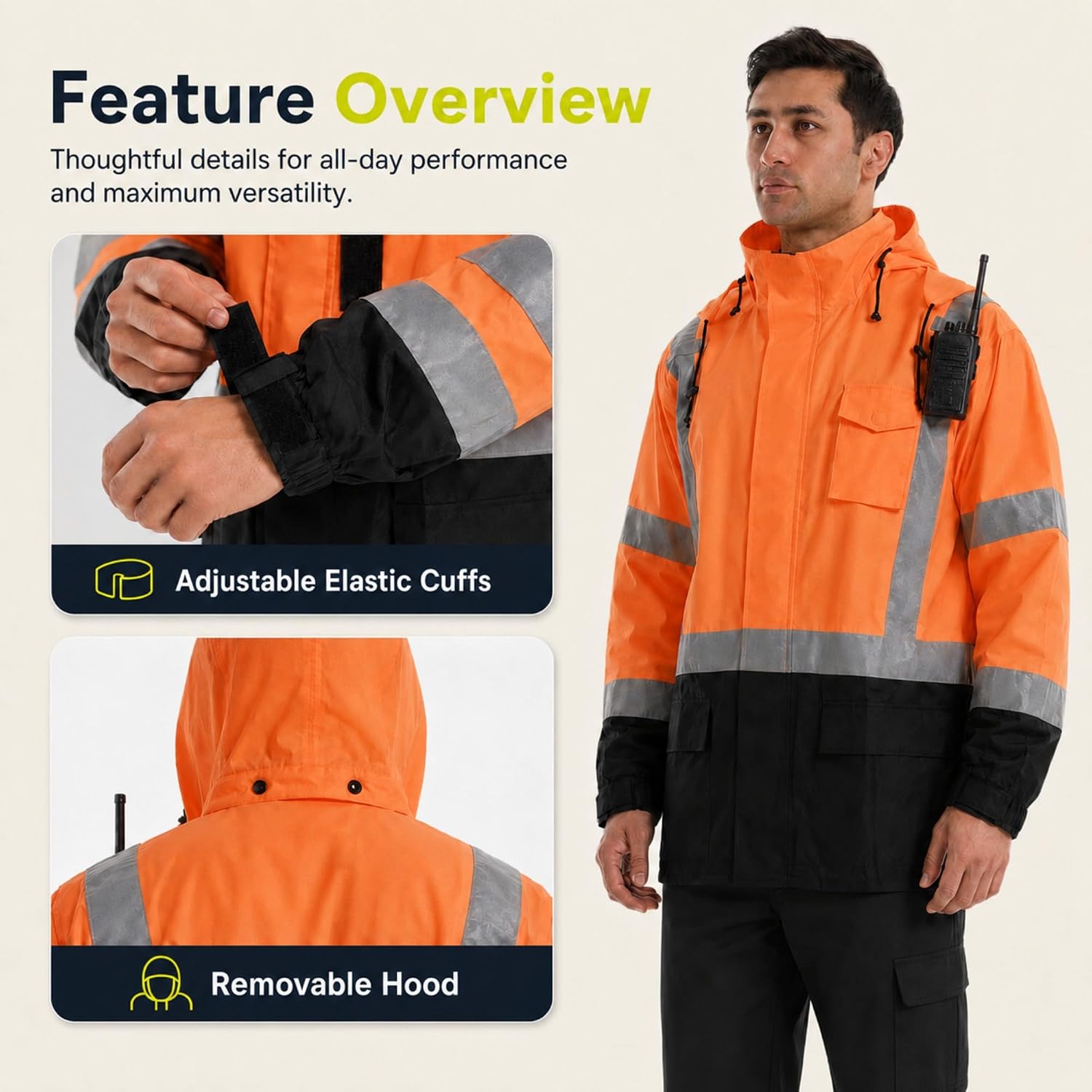 SKSAFETY Hi Vis Safety Rain Jacket for Men, Construction Work Rain Gear Heavy Duty Class 3 Rain Coat Waterproof Lightweight