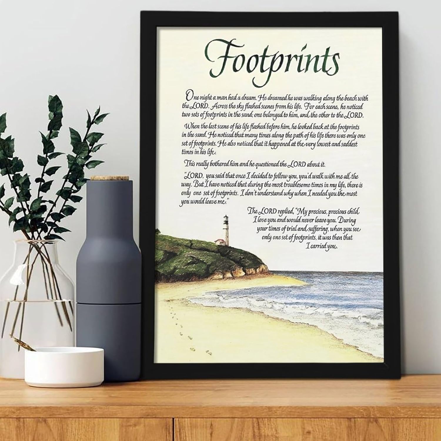 Footprints in the Sand Religious Canvas Wall Art Posters, Inspirational Beach Sunset Poem Print Poster (Black Framed 24x36inch, Footprints(5))