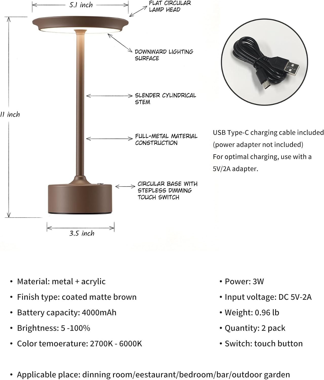 PUSU Rechargeable Table Lamps Set of 2, Brown Cordless Portable Desk Lamp