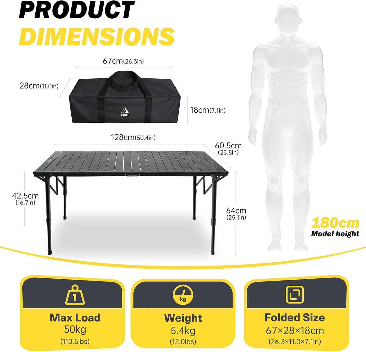 50" Large Folding Camping Table with Adjustable Hight Legs for 2-6 People - Heavy Duty Foldable Camp Table with Roll-Up Aluminum Picnic Table, Portable Outdoor Table for Cooking,Beach,BBQ,Party