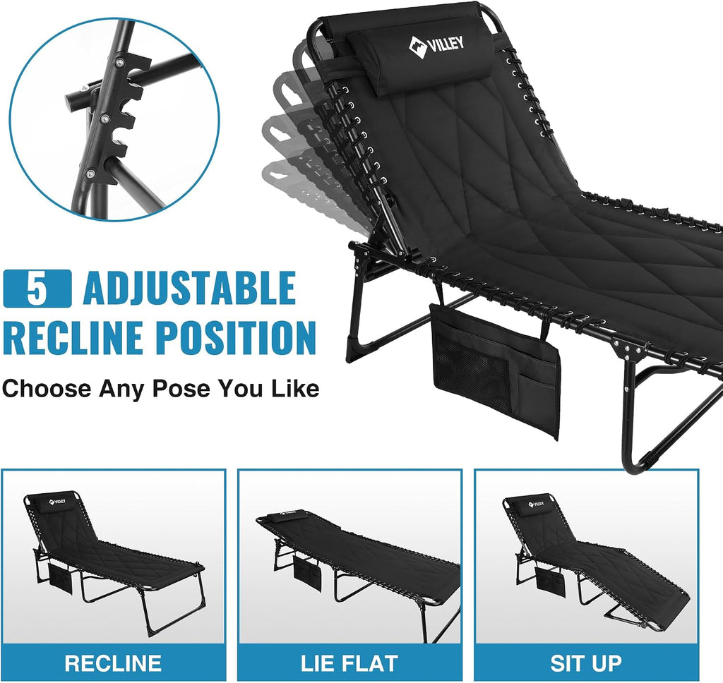 VILLEY Oversized Padded Chaise Lounge with Cushion, Foldable Recliner