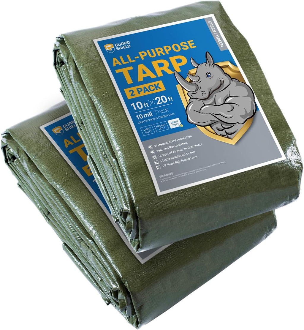 GUARD SHIELD Tarps Heavy Duty Waterproof 10x20 Feet Green Poly Tarp Cover Outdoor Thick UV Resistant Tarpaulin with Grommets 10mil (2-Pack)
