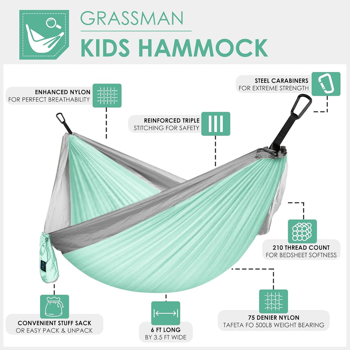 GRASSMAN Kids Hammock-Small Camping hammocks, Portable Camping Gear for Child Indoor/Outdoor use, with Tree Straps & Carabiners Green & Grey