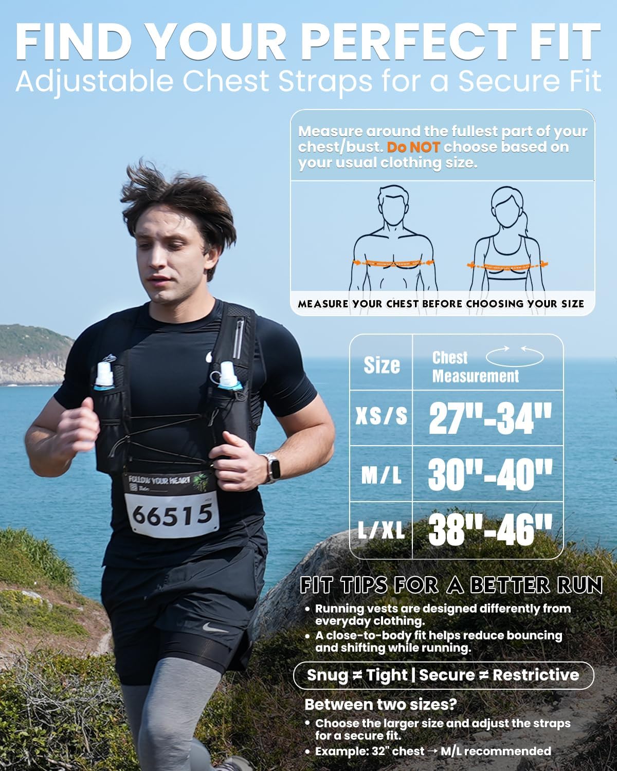 Zelvot Running Vest for Women Men, US Patent, Adjustable Chest Straps Running Hydration Vest with 500ml Soft Flask, Lightweight Reflective Hydration Backpack for Marathon