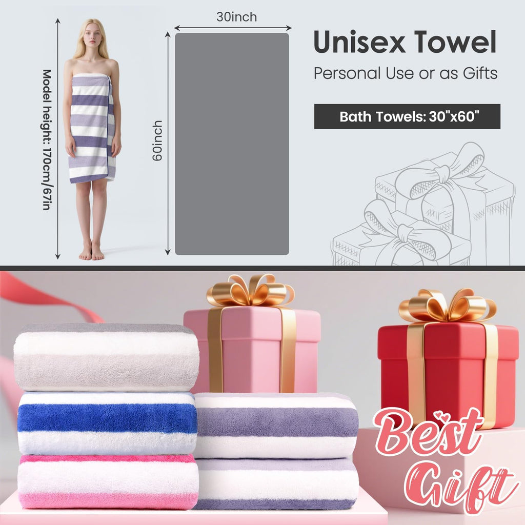 JML Microfiber Bath Towels, 2 Pack, 30" x 60", Cabana Stripe Purple