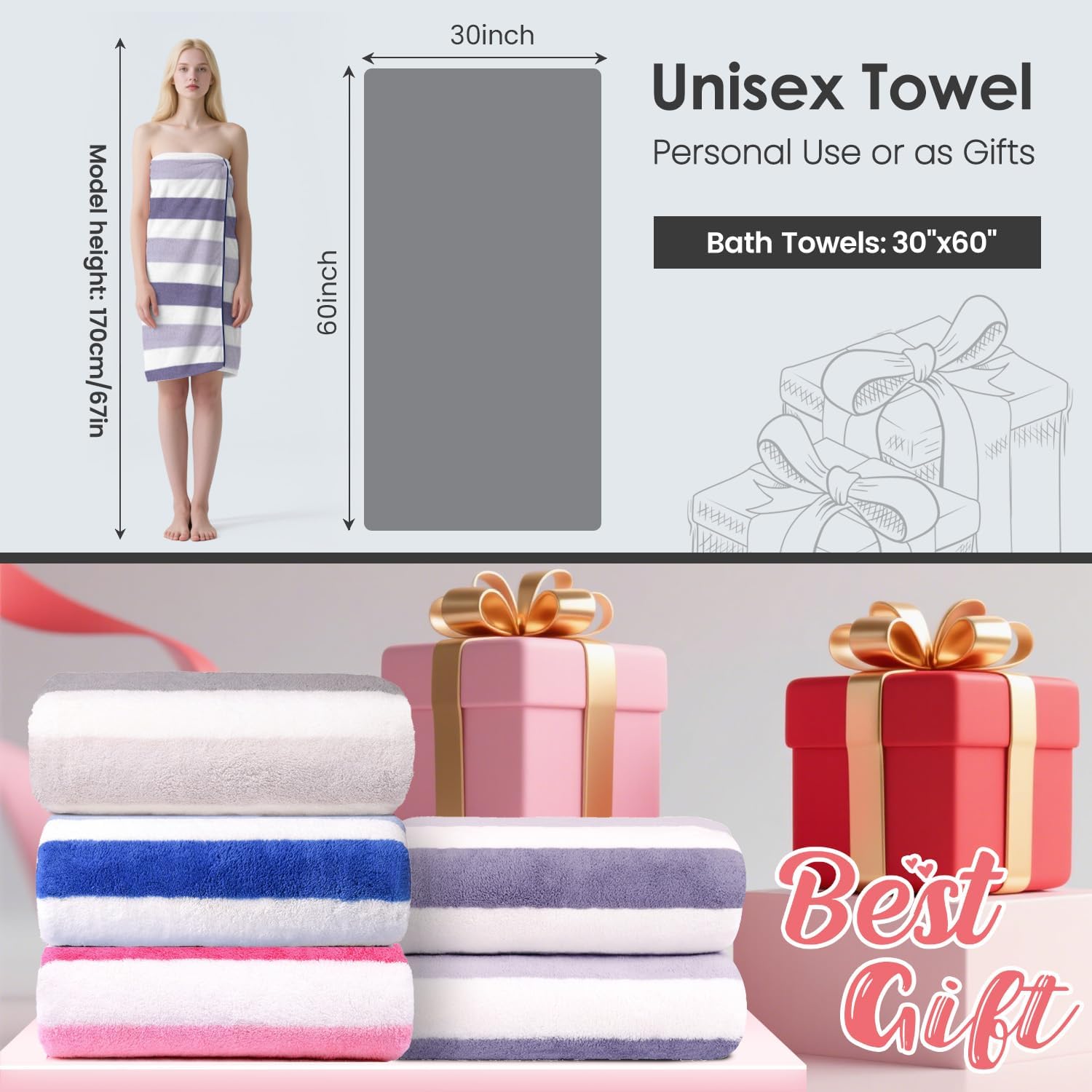 JML Microfiber Bath Towels, 2 Pack, 30" x 60", Cabana Stripe Purple