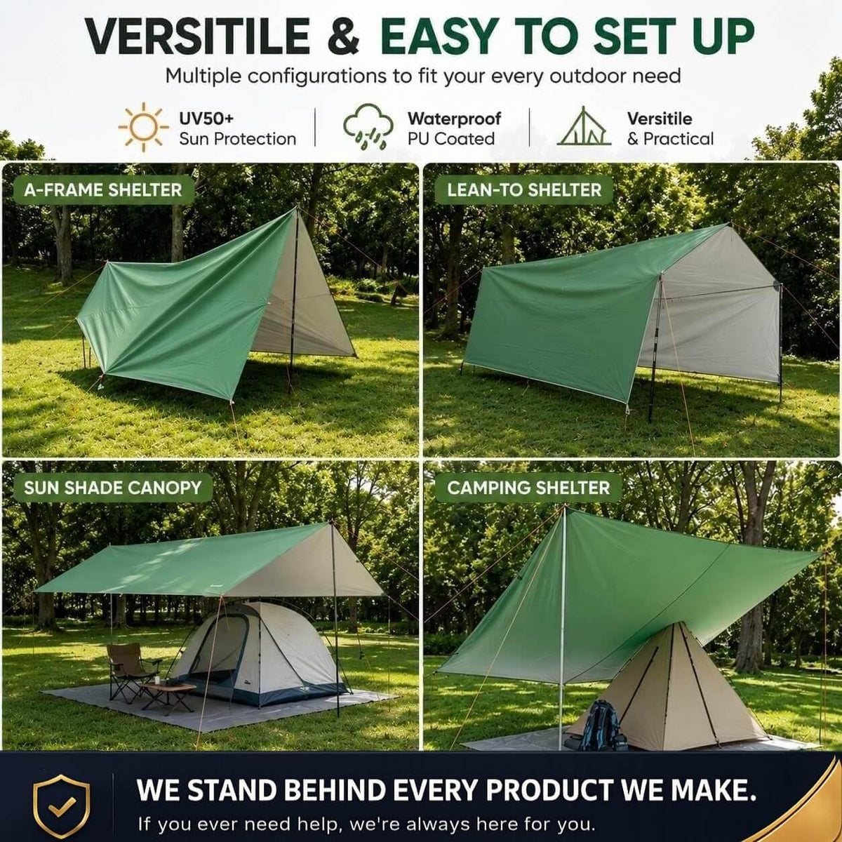 Waterproof Camping Tarp Tent Hammock Rain Fly, Mutifunctional Tent Footprint Lightweight Tarp for Camping, Hiking and Survival Shelter (Green, Without Poles,15x11FT)