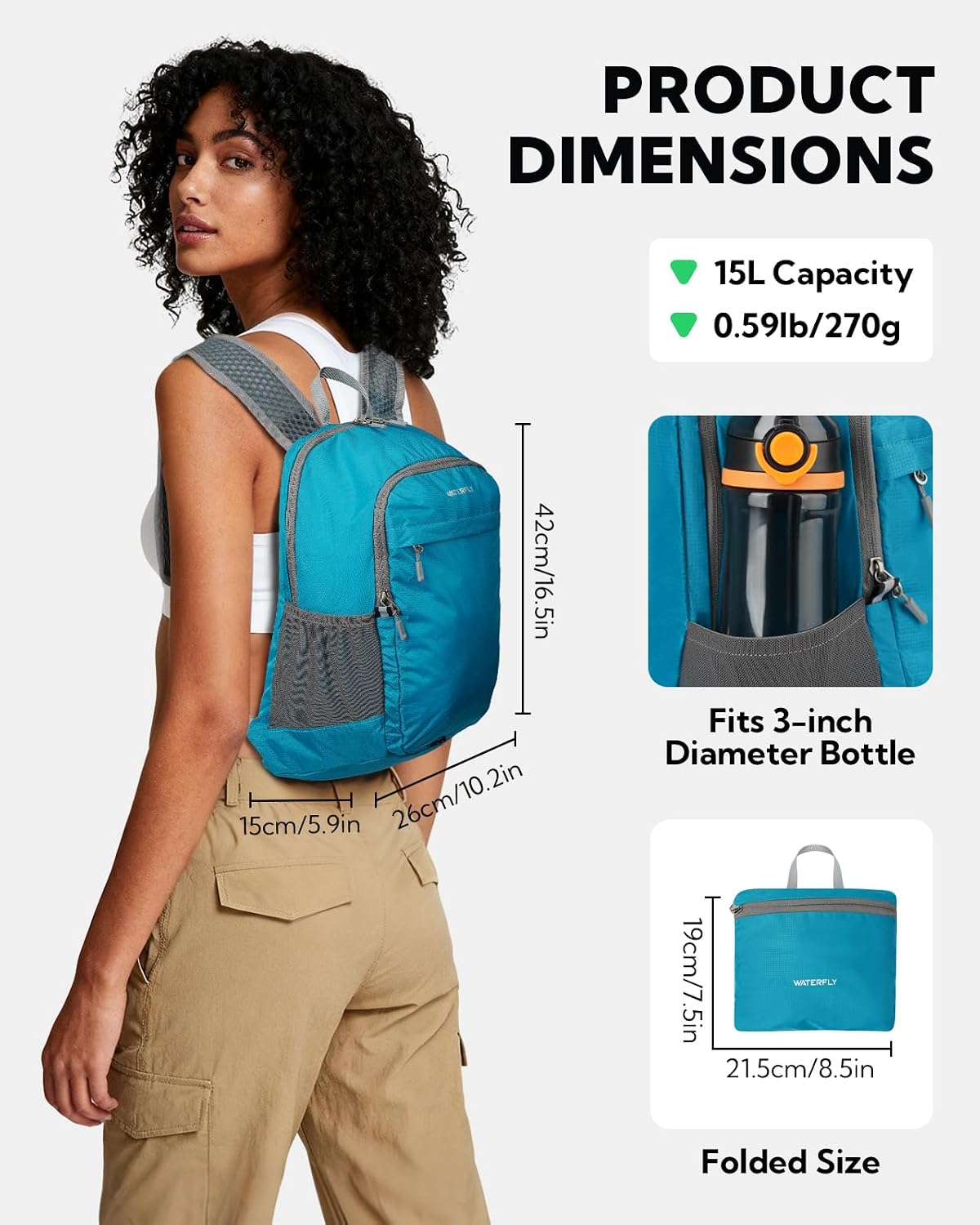 WATERFLY Small Packable Travel Backpack: 15L Lightweight Hiking Daypack