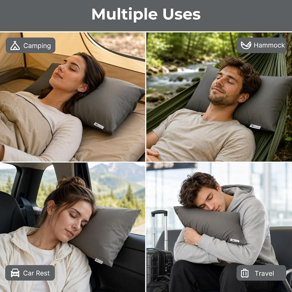 MOON LENCE Camping Pillows 2 Pack, Compressible Camp Pillow with Washable Cover & Carry Bag, Plush Filled Backpacking Pillow for Hiking, Travel, Sleeping 12"x16" Light Grey