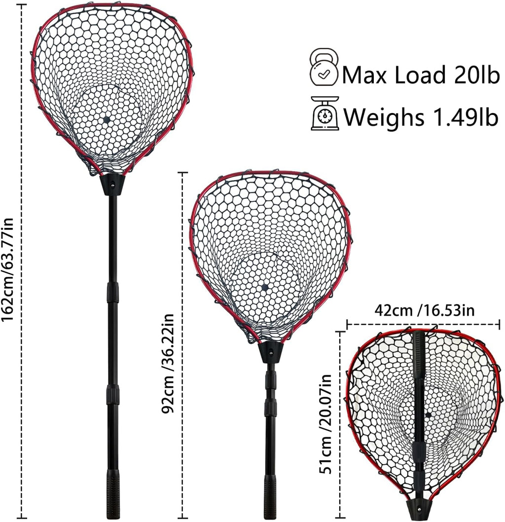 Telescoping Metal Lock Fishing Net with Handle Red Green 64" 52" Rubber Fish Net - Adjustable Length Lightweight Foldable Large Big Collapsible Extendable Fishing Net