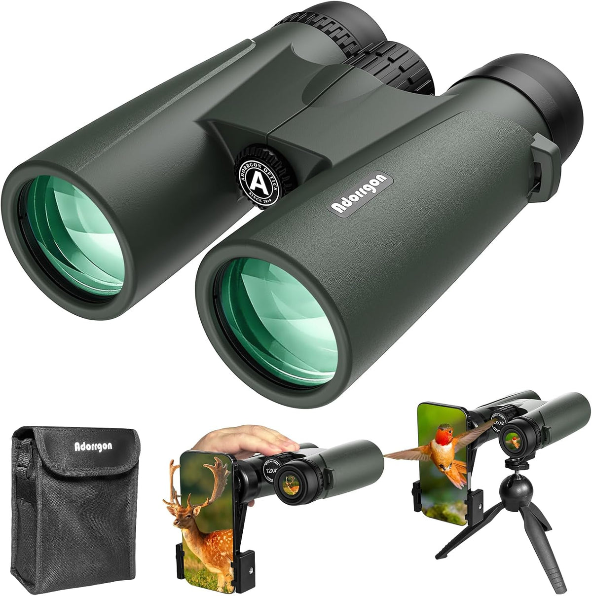 Adorrgon 12x42 High Powered Binoculars for Adults, Phone Adapter and Tripod