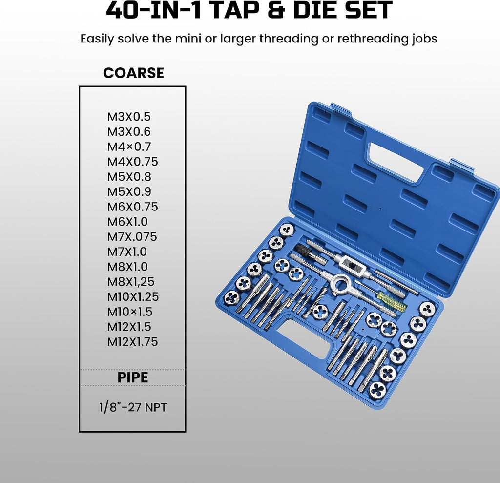 Anfrere 40pcs Metric Tap and Die Set, Metric Standard Rethreading Tool Kit