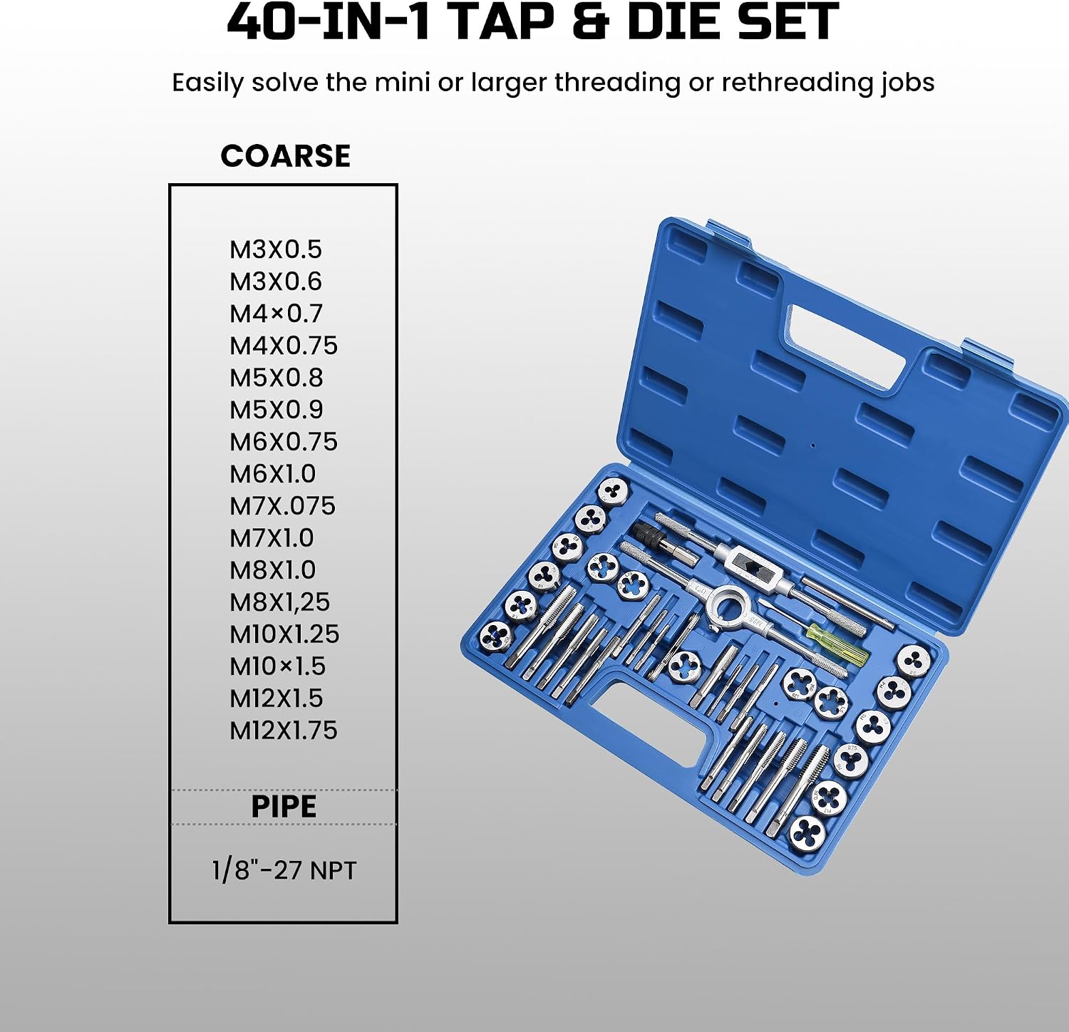 Anfrere 40pcs Metric Tap and Die Set, Metric Standard Rethreading Tool Kit