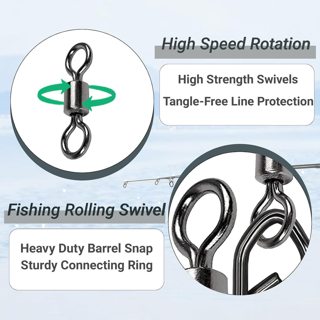 QISHUO Stainless Steel Fishing Swivels Lure Tackle Clips Snap Swivels Strength Barrel Saltwater Swivel Fishing Rolling Black Nickel