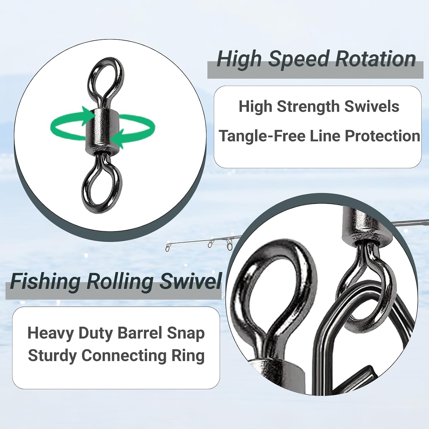QISHUO Stainless Steel Fishing Swivels Lure Tackle Clips Snap Swivels Strength Barrel Saltwater Swivel Fishing Rolling Black Nickel