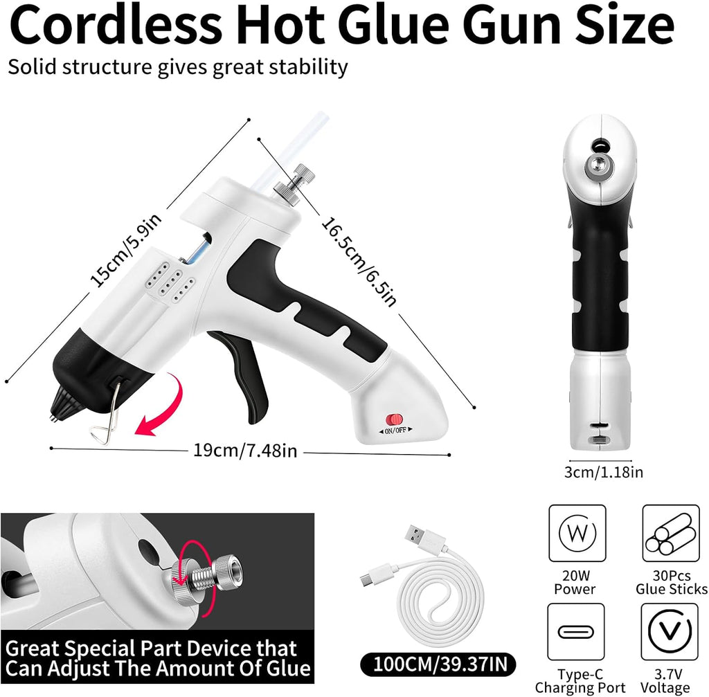 Cordless Hot Glue Gun,20W Glue Gun with 30 Glue Sticks,90S Fast Preheating,2600mAh USB-C Rechargeable Hot Melt Gun for DIY Crafts,Gift Making,Home Repairs & Decoration