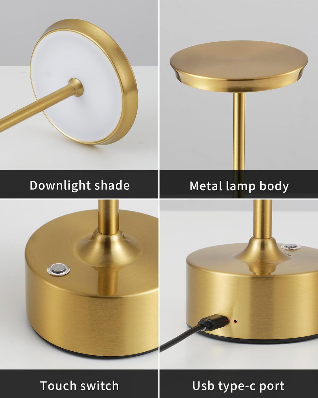PUSU Rechargeable Table Lamps Set of 2, Gold Cordless Portable Desk Lamp