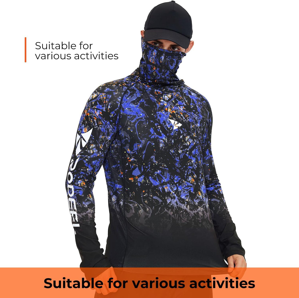 Rodeel UPF 50+ Men’s Long Sleeve Performance Fishing Hiking Shirt with Mask UV Neck Gaiter Hoodie