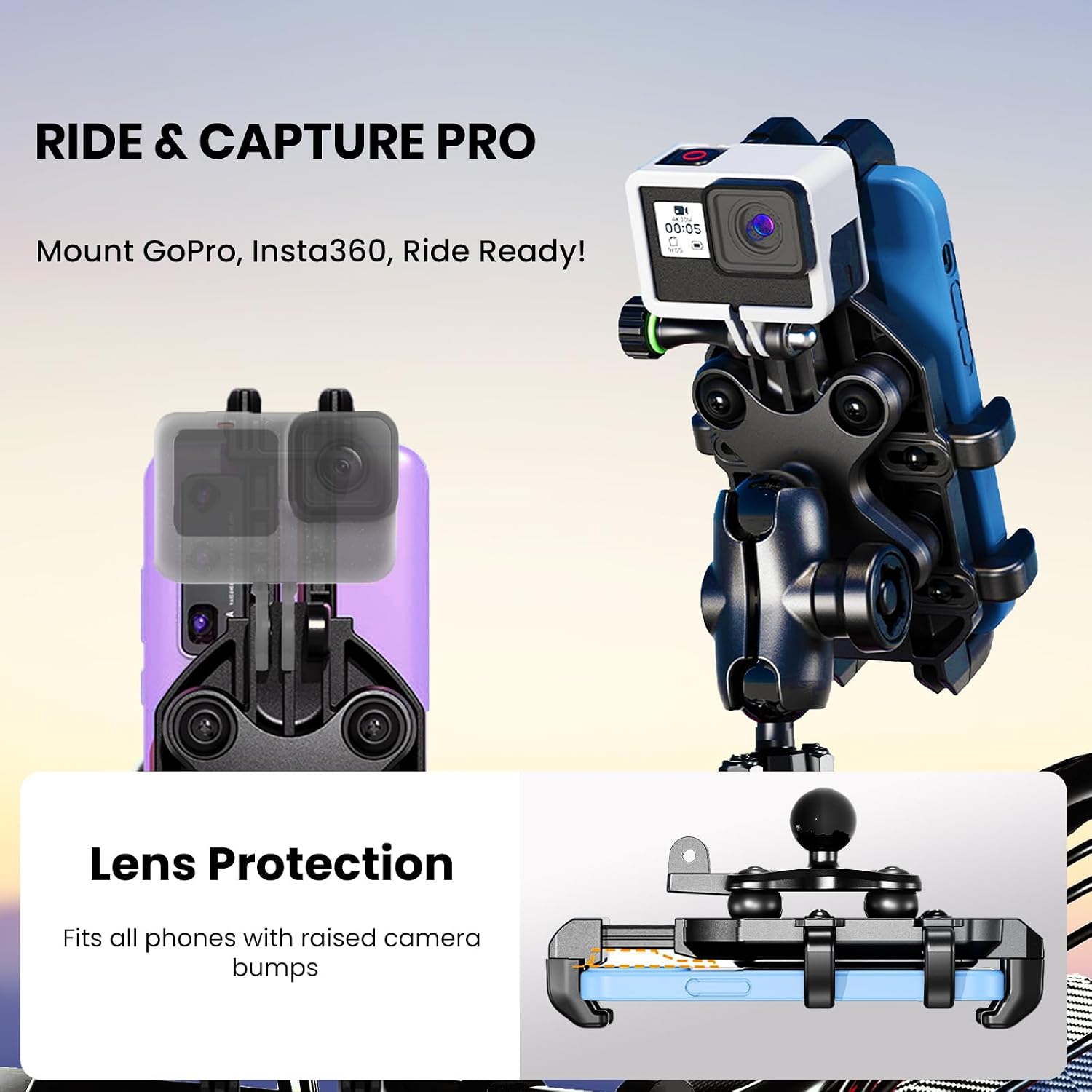 Motorcycle Phone Mount Holder with Vibration Dampener Anti-Shake 720° Adjustable for iPhone 16 Pro Max for Samsung 5.4''-6.9'' Phone Anti-Theft Dirt Bikes(Clamp Base 0.47-1.77" Handlebar)
