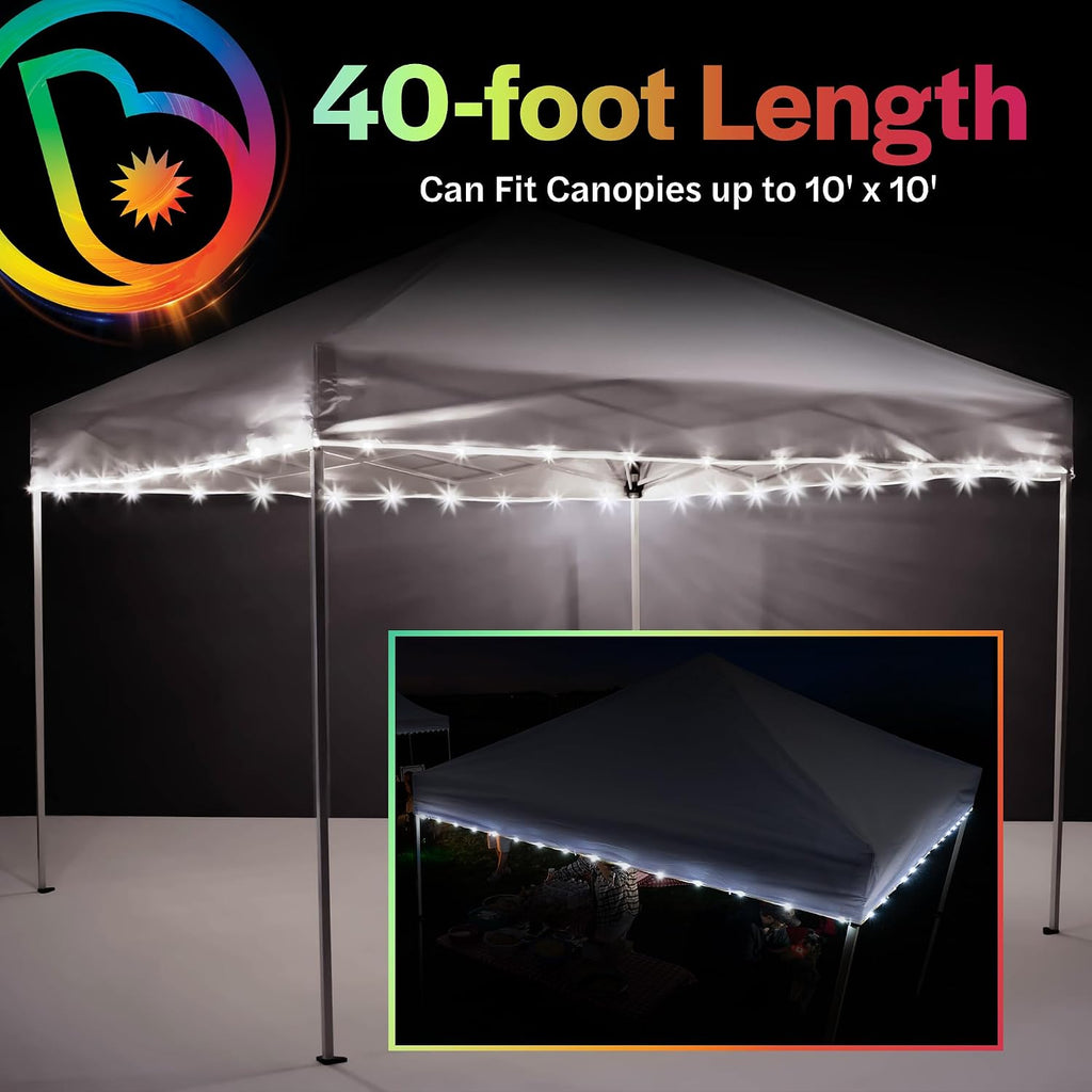 Brightz LED Canopy Lights, White 40ft String Light for 10x10 Tents | Outdoor canopy tent lights; football tailgate essentials & accessories; fits 10ft x 10ft pop up tents
