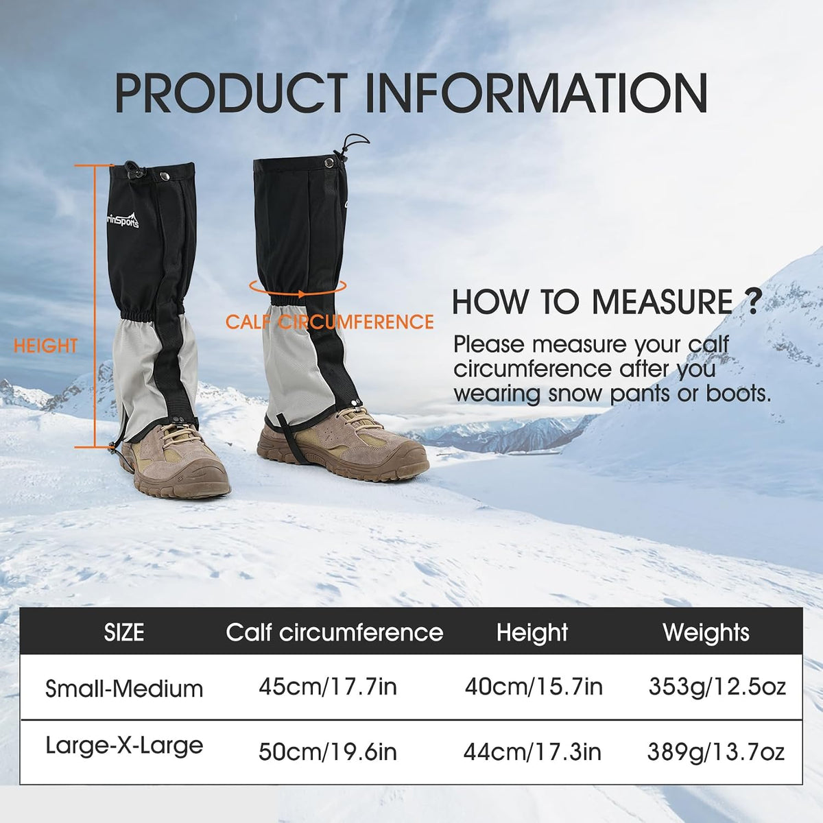 Leg Gaiters for Men Women Adjustable Gators Hiking Snow Gaiters