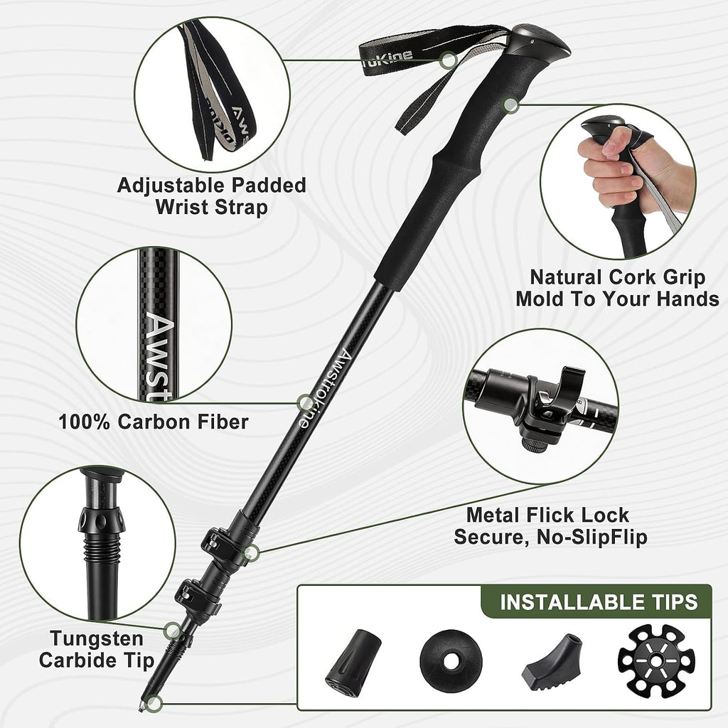Ultra Light Carbon Fiber Hiking Trekking Poles - 6.07oz Nordic Trekking Sticks with Full EVA Grips & Quick Locks, All-Terrain Hiking Sticks for Seniors, Men & Women, Set of 2