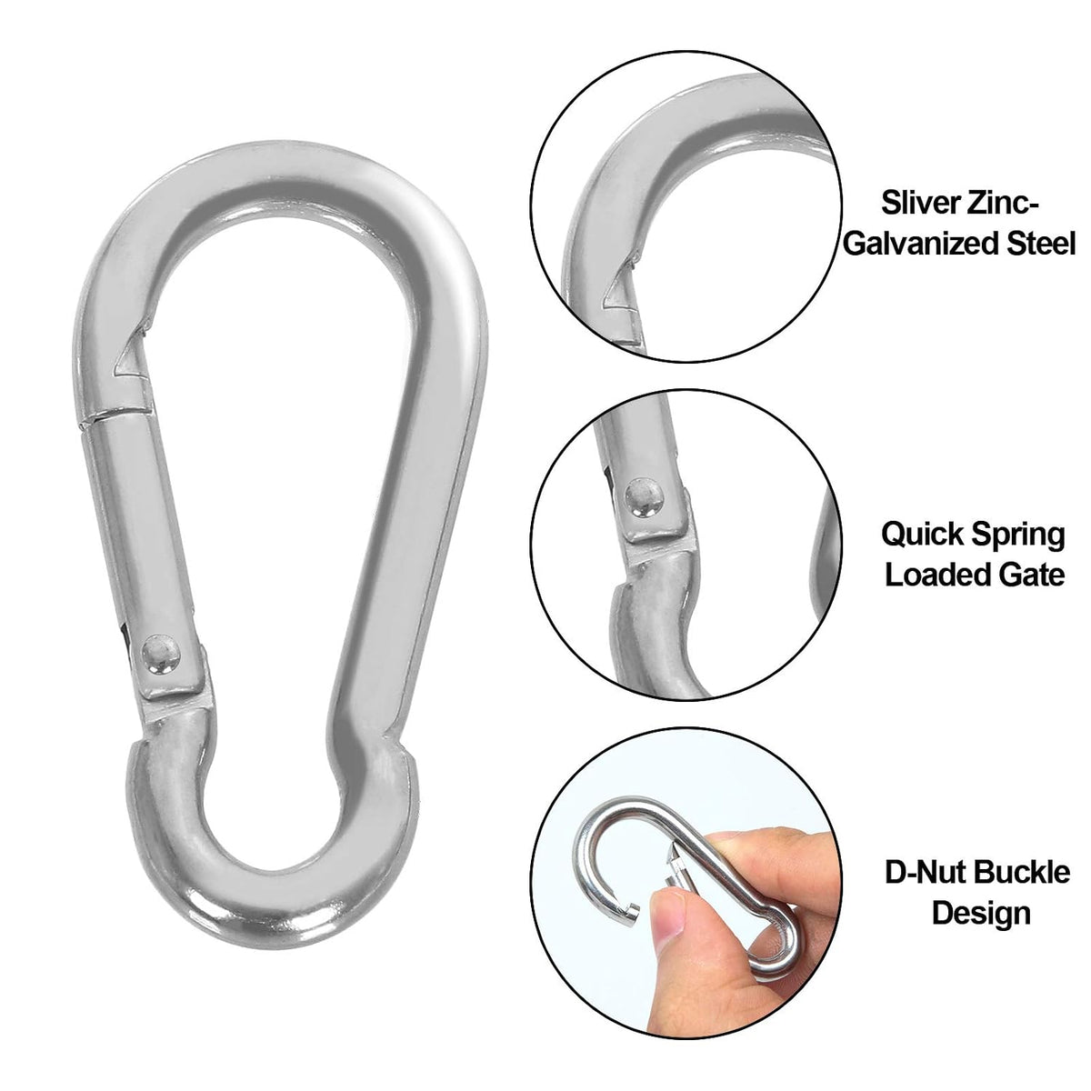 MIVIDE 50 PCS Stainless Steel Spring Snap Carabiner, Round, Silver, 2 Inch, Auto-locking, Camping, Hiking, Fishing, Boating, Dog Leash, Keychain