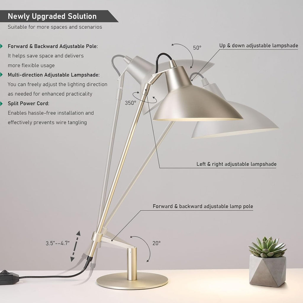 Desk Lamp Modern Industrial 100% Metal Adjustable Table Lamp 24", Natural Light (4000K) with Dimmer, Ideal for Office Bedroom Study Room Living Room Nightstand Bedside Lamps Nickel