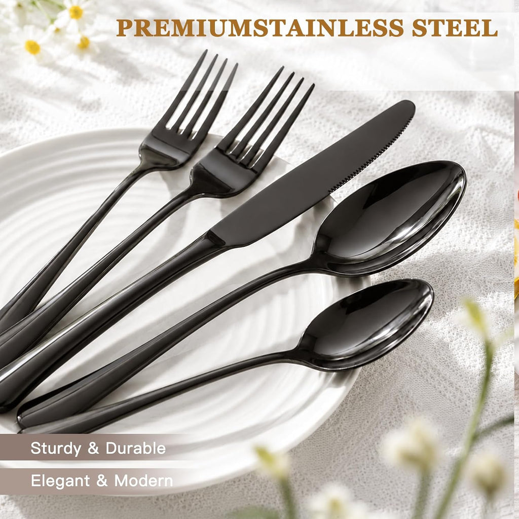 Astercook 24-Piece Black Silverware Set with Steak Knives Flatware Set for 4 Food-Grade Stainless Steel Cutlery Set Mirror Polished Utensils Set Include Spoons and Forks for Home Kitchen Restaurant