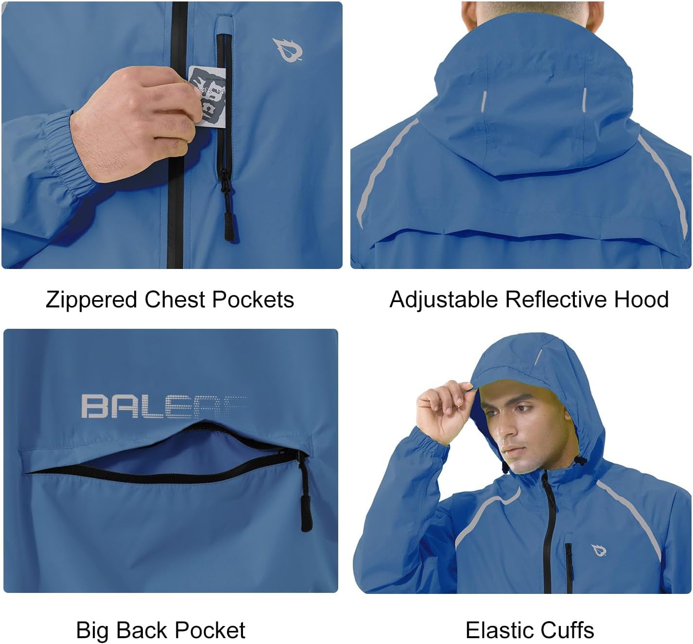 baleaf Men's Rain Jacket Waterproof Hood Lightweight Reflective Packable