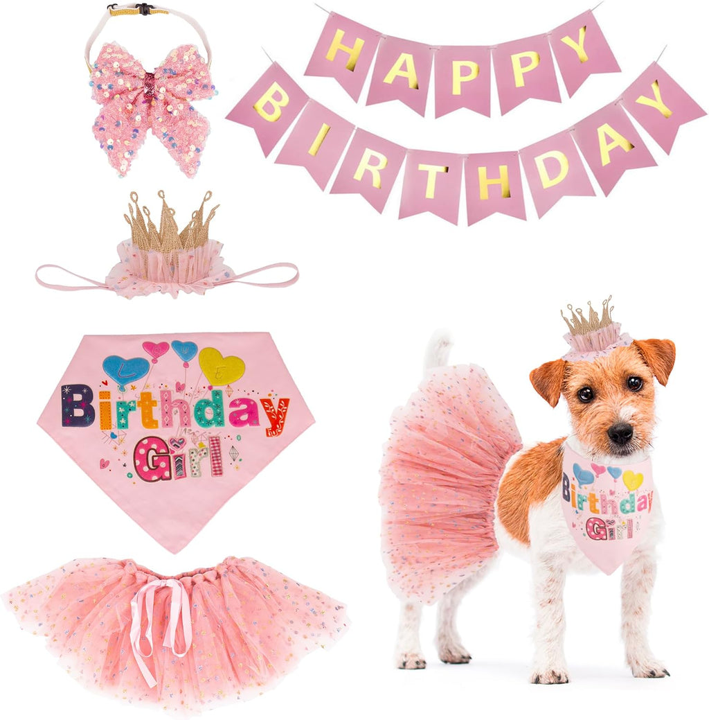 ADOGGYGO Dog Birthday Hat, Pink Birthday Girl Bandana & Tutu Set, Small