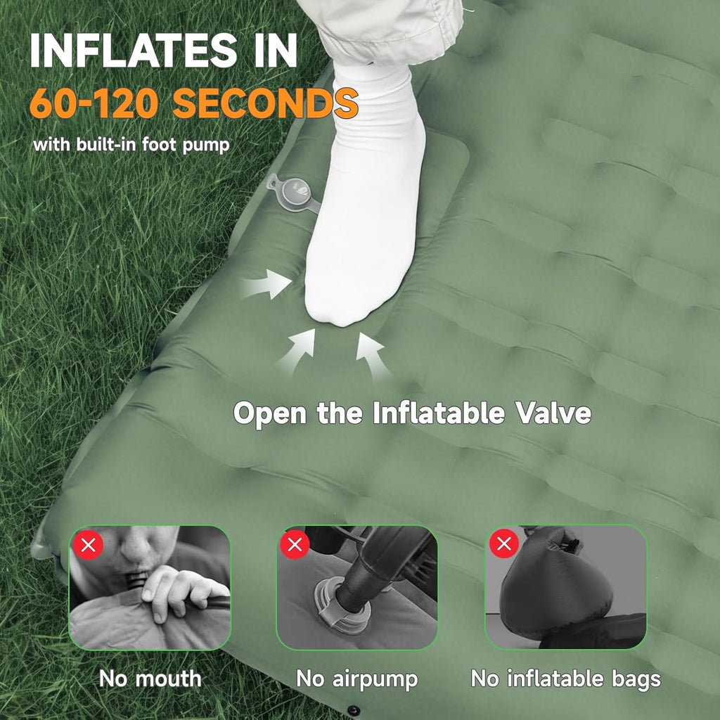 Camping Sleeping Pad, 32.7" Extra Wide, Built-in Foot Pump & Pillow