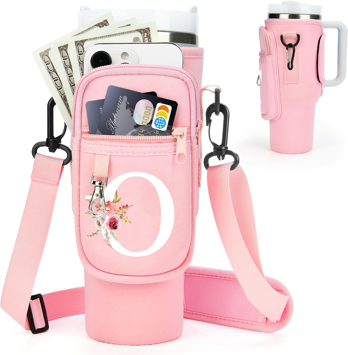 Initial Water Bottle Holder with Strap for Stanley Cup Accessories 40 oz/Simple Modern Tumbler, Birthdays for Women Girls, Water Bottle Carrier Bag with Phone Pocket,Hiking Walking Gym Camping