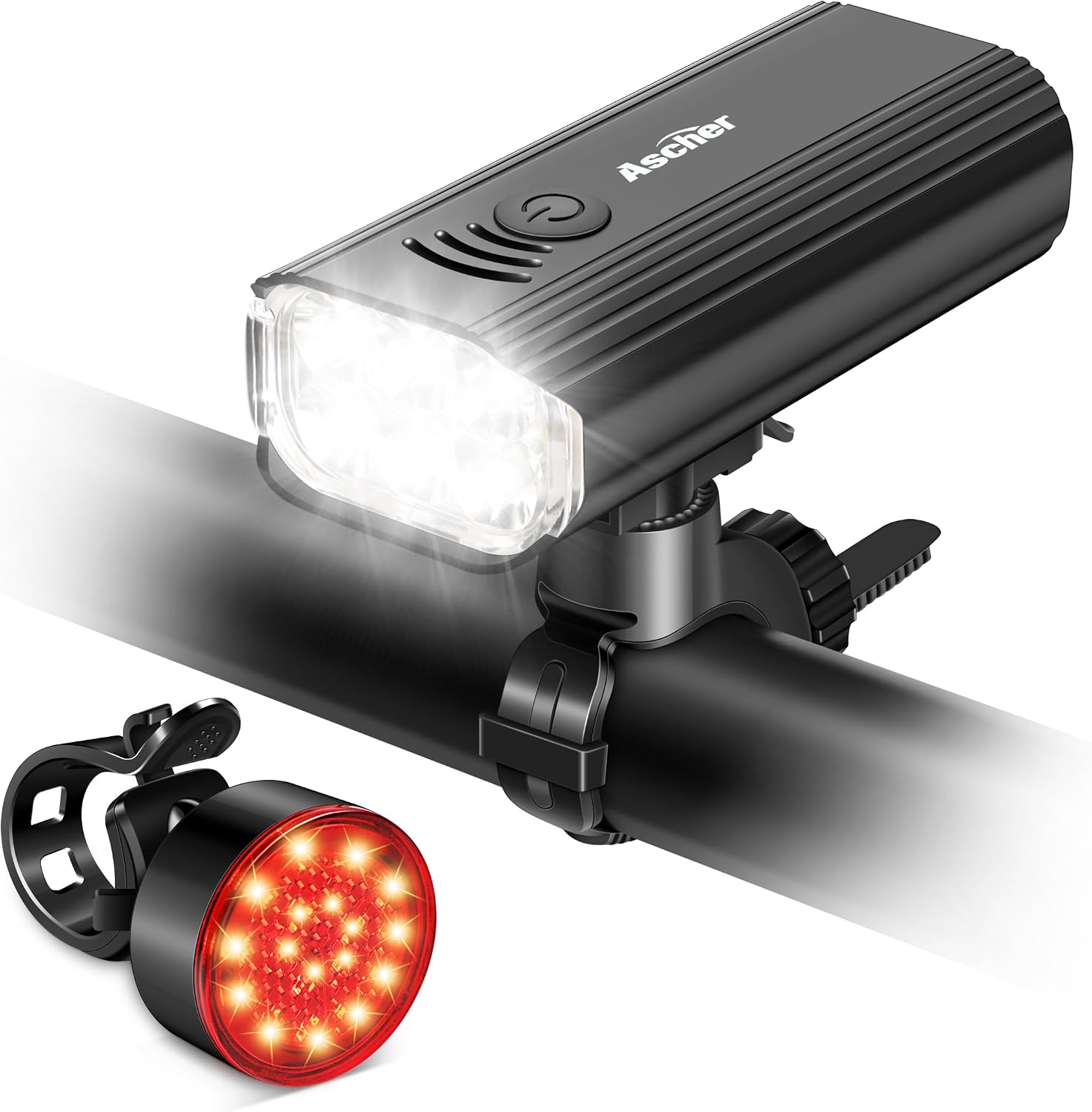 Ascher Ultra Bright USB Rechargeable Bike Light Set, Powerful Bicycle Front Headlight and Back Taillight, 4 Light Modes, Easy to Install for Men Women Kids Road Mountain Cycling