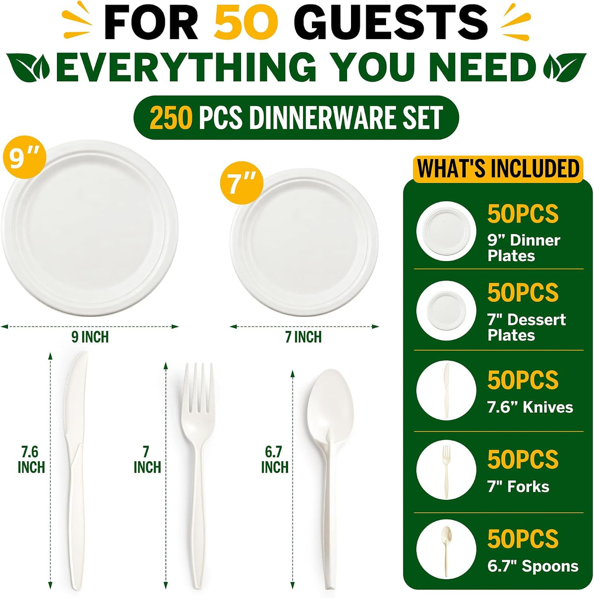 250PCS Disposable Paper Plates Set and Utensils, 9 and 7inch Plates