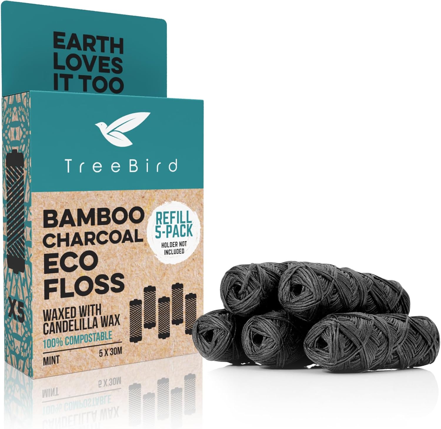 TreeBird Bamboo Charcoal Dental Floss Refills | Pack of 5 (33 Yard Spools) | Mint Flavor, Candelilla Waxed | Refill Pack for Floss Holder | Kraft Paper Box