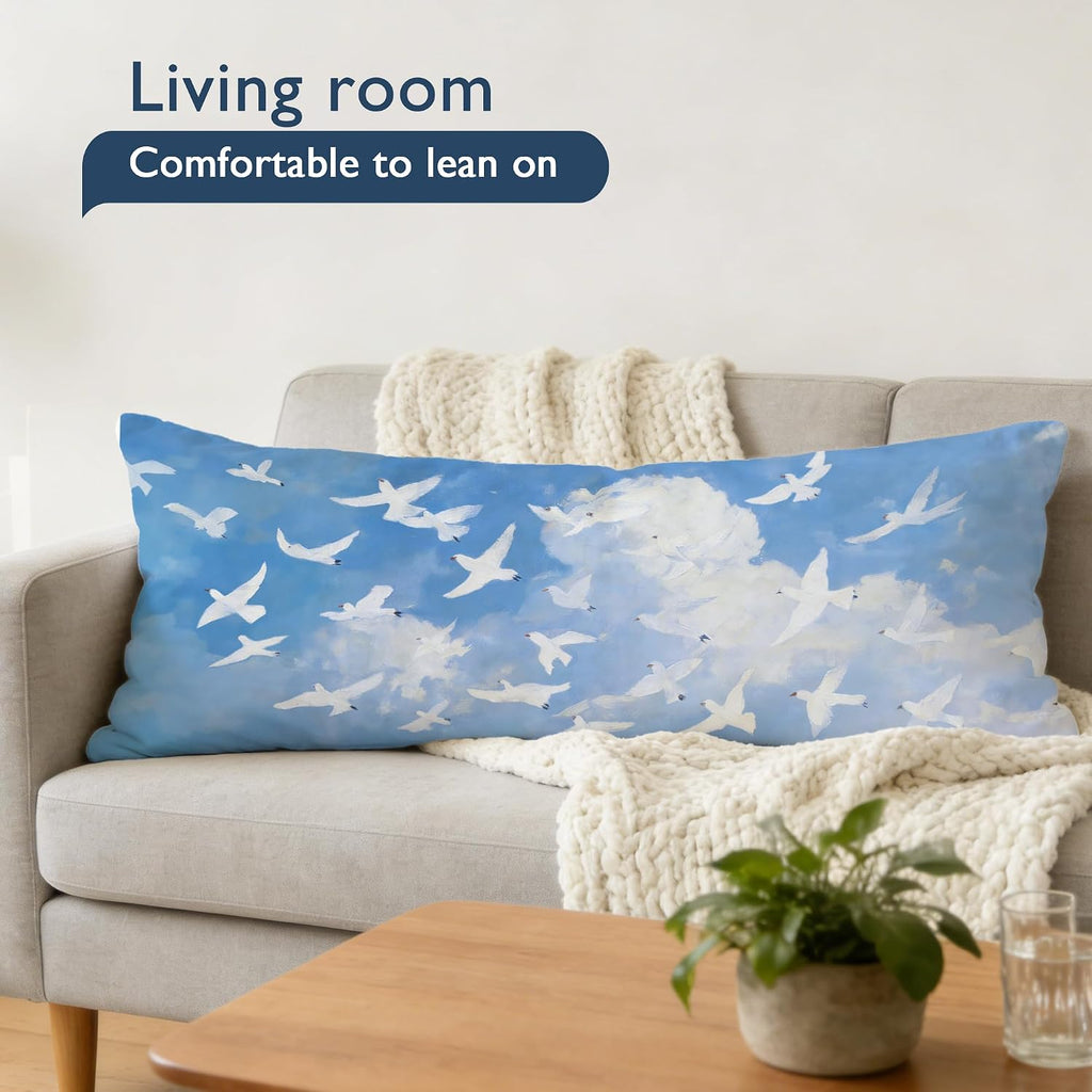 Blue Sky White Doves Pigeon 20x54 Body Pillow Cover, Pigeon Gifts for Women, Peaceful Flying Birds Long Body Pillowcase with Zipper for Bed Couch